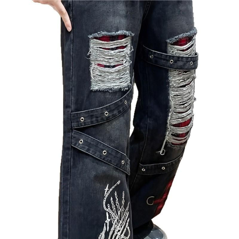 Plus Size Unique Ripped Jeans for Women - Niche Punk Style, Distressed Washed, Loose Wide-Leg Pants