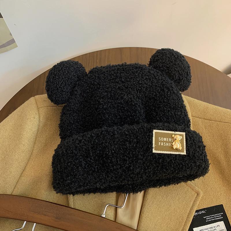 Ears Bear Wool Hat Women's Autumn and Winter Plush Thickened Knitted Hat Korean Version Cute Niche Cold Hat Women's Winter