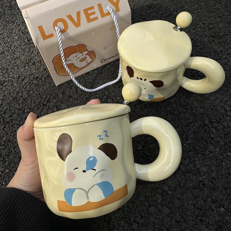 Cute Cartoon Puppy Ceramic Mug with Lid Large Capacity Drinking Water Cup for Girls To Give Birthday Gifts for Best Friend