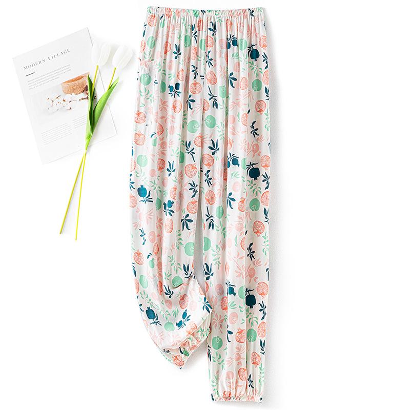 Dámské letní bavlněno-hedvábné pyžamové kalhoty: Lehký, Odolný proti komárům, Volný střih, Elastický kotník, Na pláž nebo na doma.