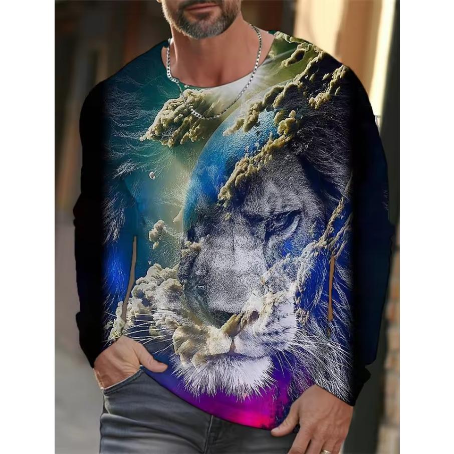 Men's Summer Long Sleeve 3d Printed Wolf Print T-Shirt Tops Men Streetwear Clothing Round Neck Graphic Long Sleeve T-Shirt