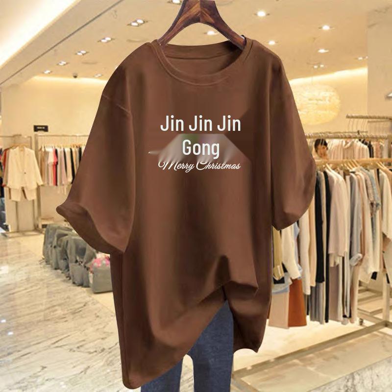 Dámské bavlněné tričko s volným krátkým rukávem a potiskem písmen - Letní kolekce