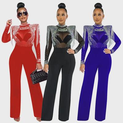 European & American Women's Sexy Sheer Mesh Rhinestone Slim Straight Jumpsuit