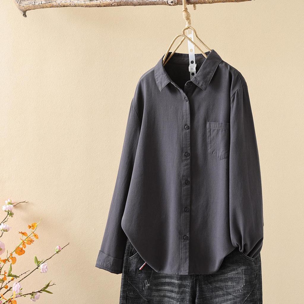 2026 Spring/Autumn Solid Color Brushed Cotton Long-Sleeve Unisex Japanese Casual Shirt