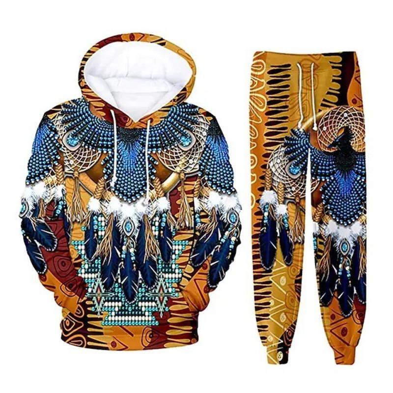 Indian Ethnic Style 3D Print Hoodies Pants Sets Men Fashion Sweatshirts Hoodie Sweatpants Two Piece Suits Tracksuit Man Clothing
