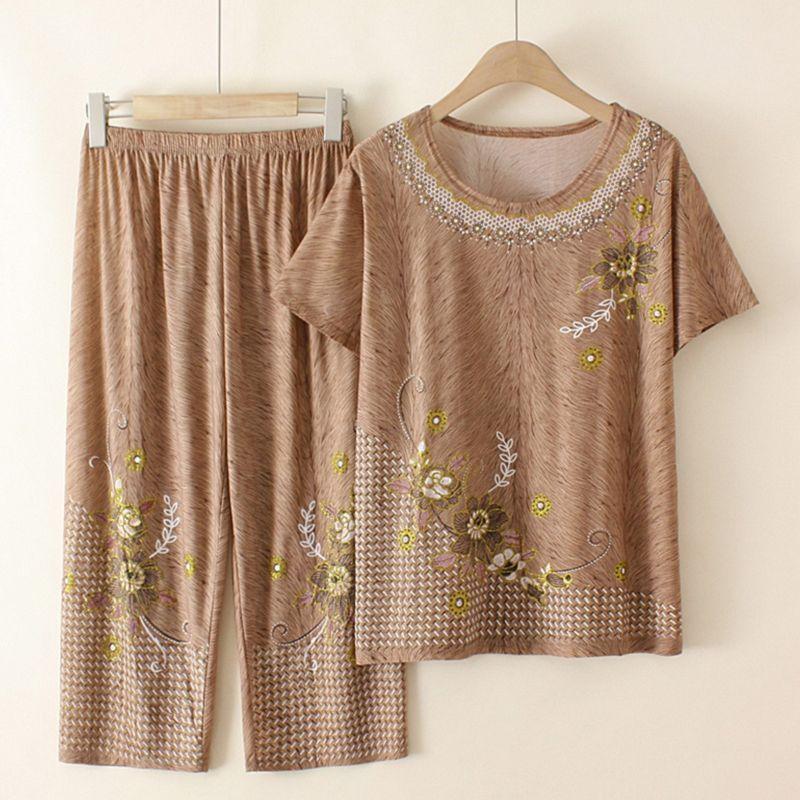 

Летний комплект с короткими рукавами для женщин Элегантный вискозный костюм-двойка для мамы, бабушки Стильный тонкий удобный 5XL хаки