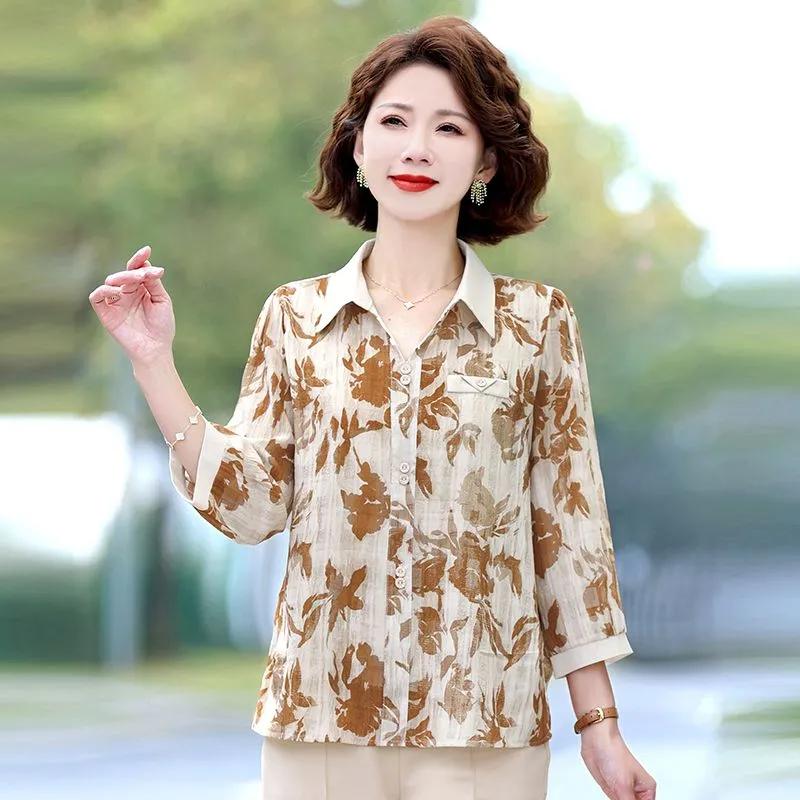 Floral Print Contrast Collar 3/4 Sleeve Button Down Blouse Casual Chiffon Top