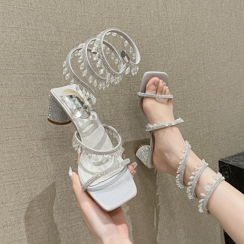 

Summer beautiful crystal sandals versatile thick heel new small high heel women s shoes open toe fairy shoes middle heel shoes 34