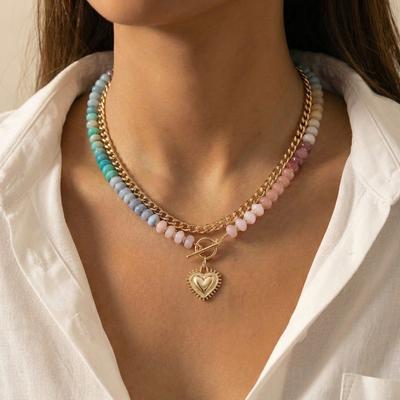 Colorful Dopamine Beaded Layered Necklace For Women Boho Heart Pendant OT Buckle Cuban Chain Chunky Choker Party Holiday Jewelry