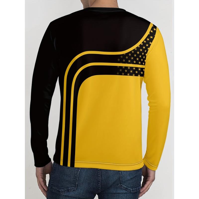 Men's Sports Fashion Gradient Color Paint Mar Print Crew Neck Long Sleeve T-shirt Spring Autumn Leisure Tops Outdoors Sports Wear Tshirt