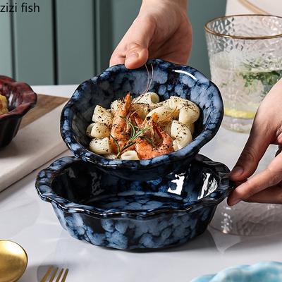 Retro Irregular Edge Ceramic Bowl Restaurant Salad Bowl Thick Soup Bowl Baking Bowls Dessert Fruit Bowls Specialty Tableware
