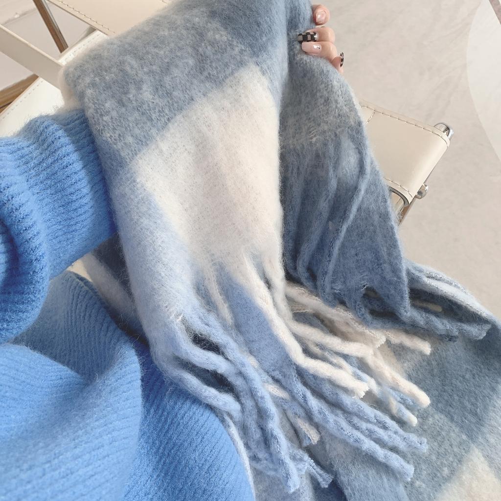 Herbst Winter Damen Verdickter Übergroßer Blauer Karoschal mit Fransen Fleece-ähnlicher Kaschmir Warmer Nackenwärmer Studenten Großer Schal