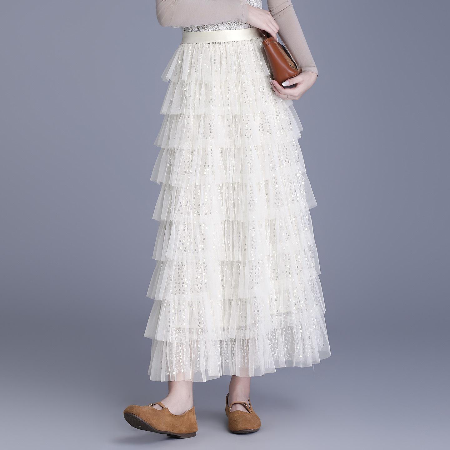 

Feiyuan Women s Mesh Sequin Layered Skirt - European and American Style, Versatile Solid Color Half-skirt One Size абрикосовий