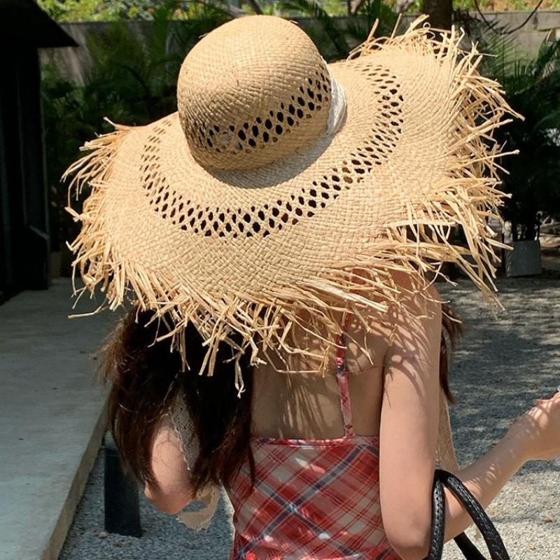 Spring and Summer Hollow Woven Big Hair Beard Edge Lafite Straw Hat Outdoor Travel Photo Vacation Sunshade Beach Big Eaves Hat