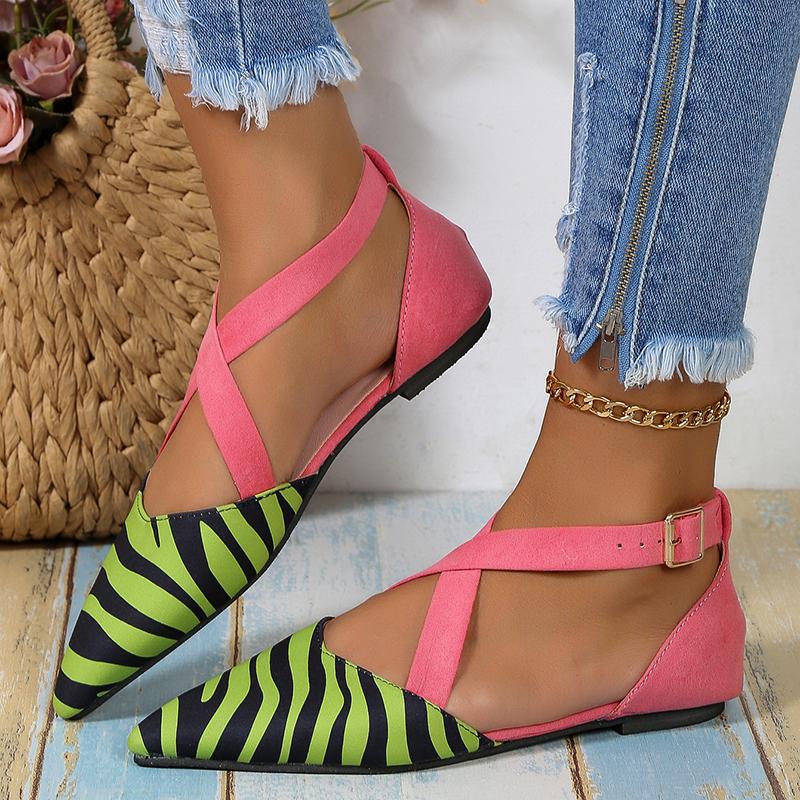 2026 New Striped Pointed Toe Ballet Flats Women Spring Summer Cross Strap Sandals Woman Plus Size Flat Heels Casual Shoes Female