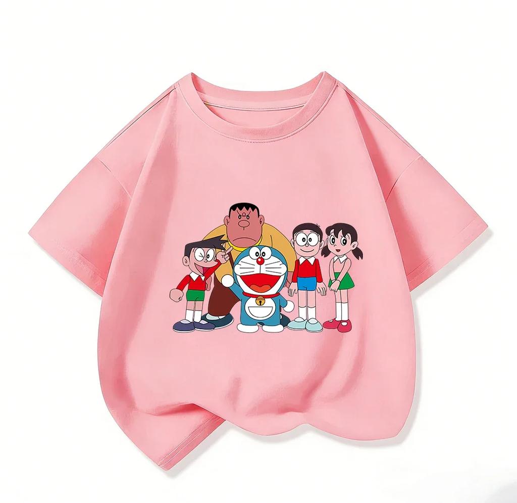Summer Cute Short Sleeve Tee Children Lovely Cartoon Print Fashion Street Style Tops Doraemon Boys Girls Clothes 314Y