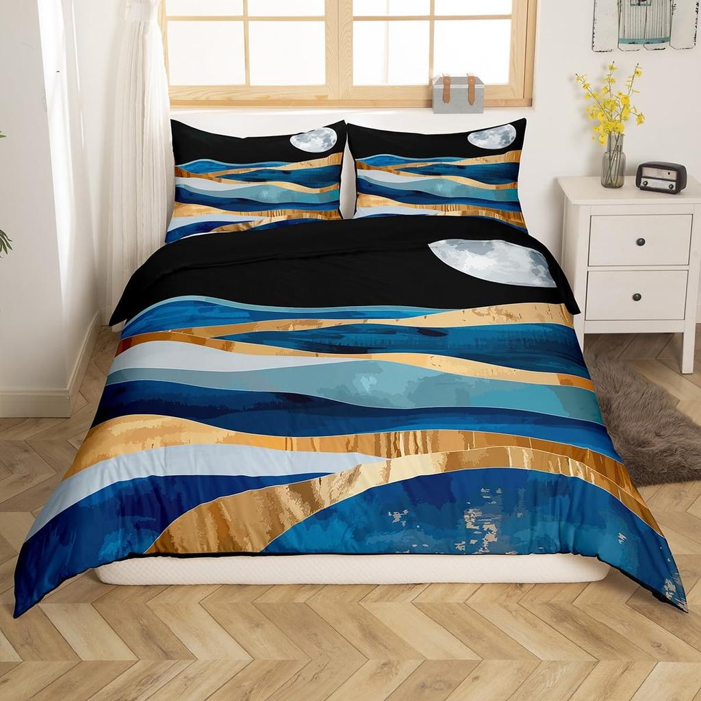 Nature Mountains Art Duvet Cover Set Landscape Creativity Bedding Set with Pillowcase Golden Lines Abstract Art Comforter Covers