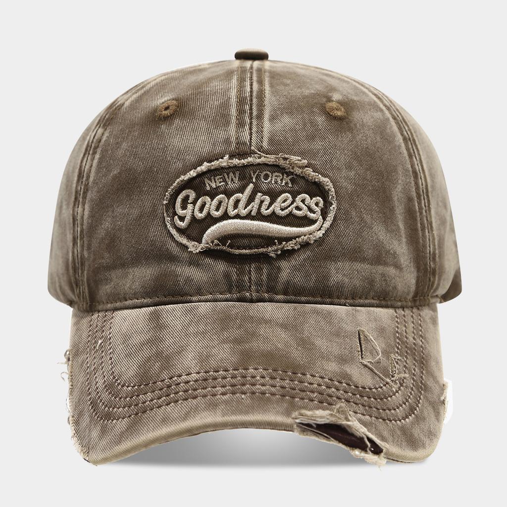 New American-style Washed Distressed Cotton 6-panel Letter Embroidery Frayed Edges Ripped Detailing Adjustable Four Baseball Cap