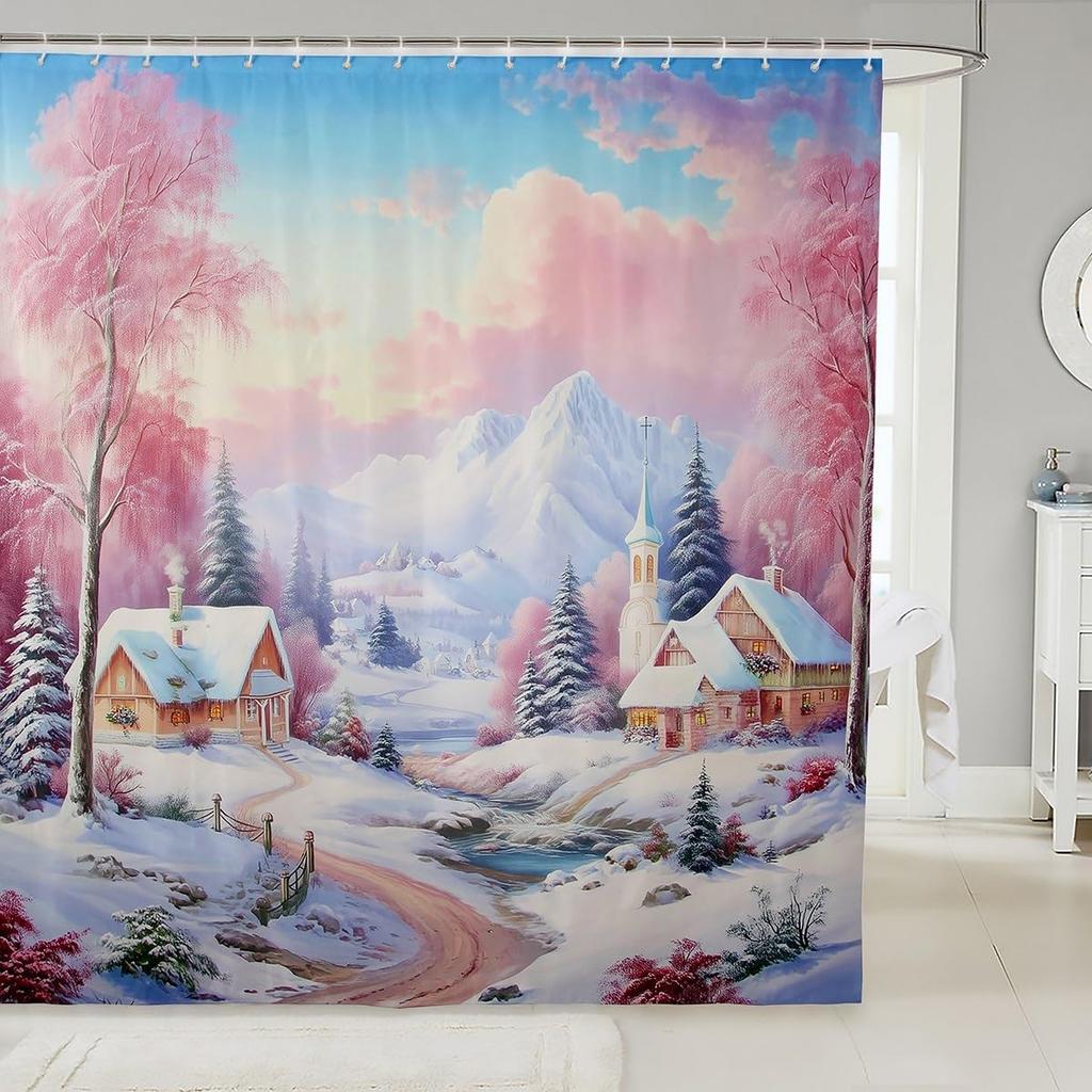 Christmas Puppy Shower Curtains Festive Pet Bathroom Curtain Kids Women Men Cute Dog Bathroom Accessories Xmas Tree Snowflake