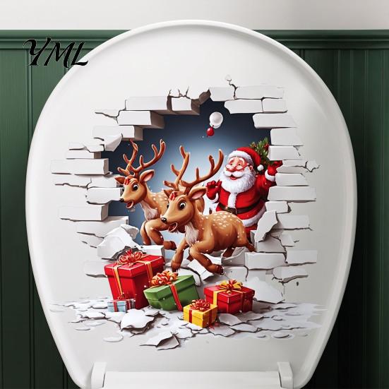 Funny Gift for Christmas Santa Claus Toilet Sticker, Elk And Box Print, 3D Removable Seat Stickers Wall Decal, Waterproof PVC Sticker Bathroom Festive