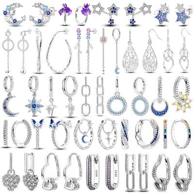 925 Sterling Silver Love Feather Moon Star Heart Earrings Fit Original Charms Hoop for Women Girls Stud Earring Jewelry Gifts