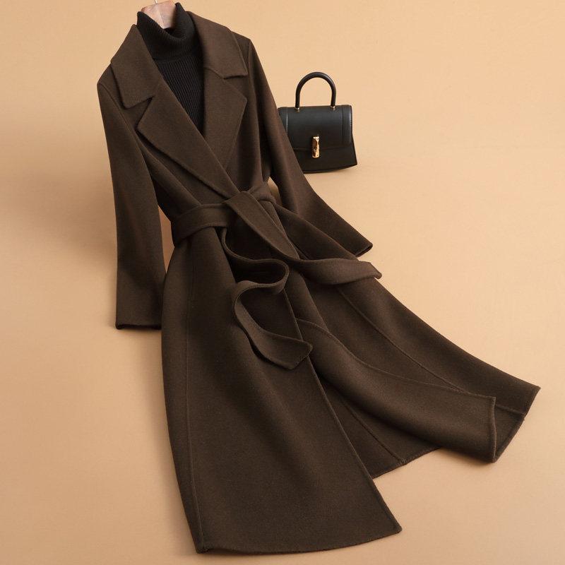 

2325 Autumn/Winter Hand-Knitted Mid-Length Wool Coat with Belt & Over-the-Knee Cashmere Design. L 55-60 kg шоколадный