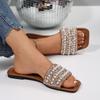 [Foreign Trade] European Station Pearl Rhinestone Flat Bottom One-character Cool Slippers Women's Fashion Outer Sandals Women's Trend