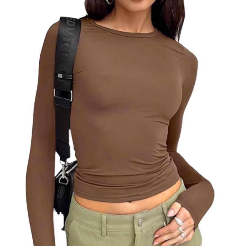 Autumn New Women's T-shirt Solid Color Round Neck Base Shirt Slim Fit Wearing Hands Long Sleeved Top for Women