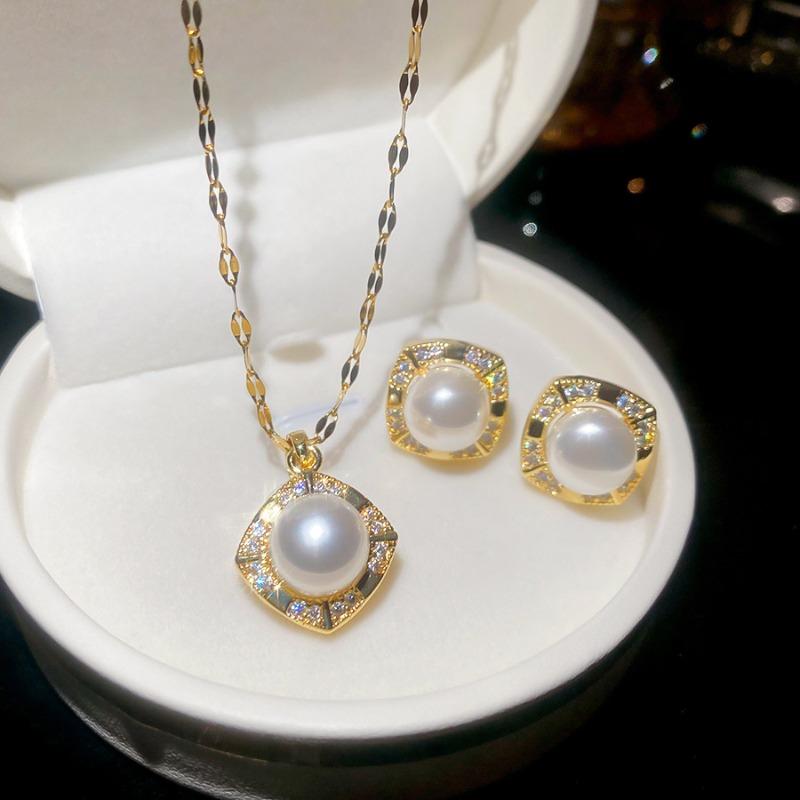 French temperament zircon square round pearl stud earrings necklace set new exquisite high-end jewelry women