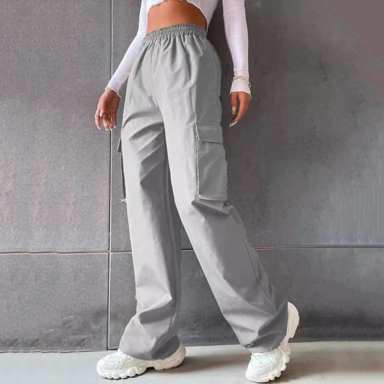 Damen Cargohose mit elastischem Bund, weites Bein, einfarbige Hose, lässige Jogginghose mit seitlicher Klappentasche