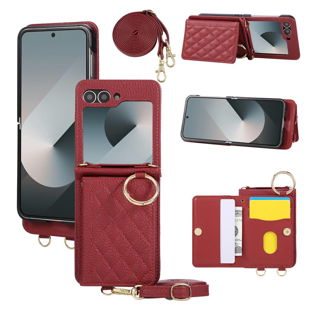 For Samsung Galaxy Z Flip7 FE 5G/Z Flip6 5G Case Kickstand Rhombus Leather+TPU Phone Cover with Shoulder Strap