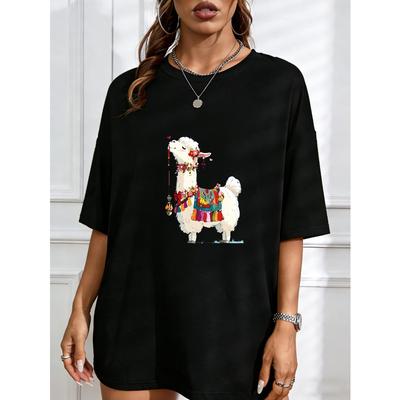 White T Shirt With Colorful Llama Print For Casual Wear