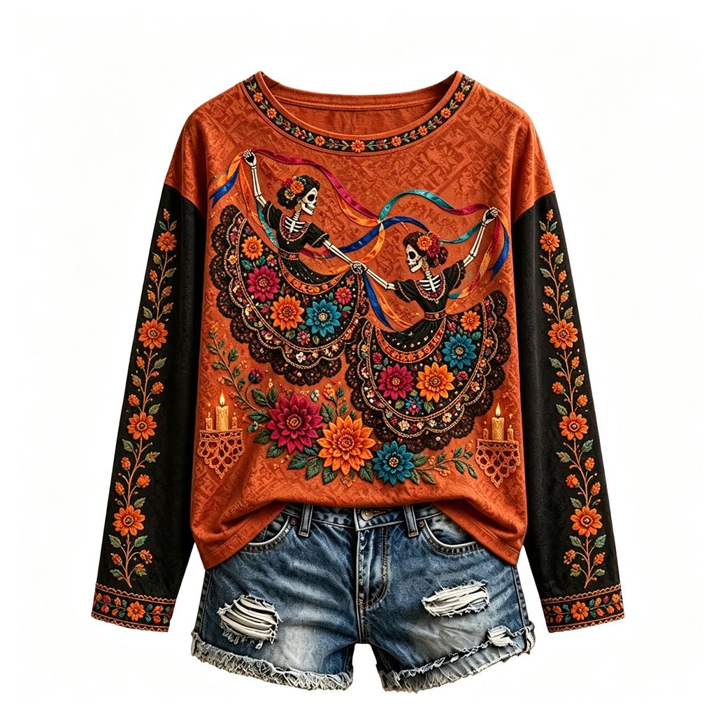 Women's Casual Comfortable Halloween Print Long Sleeve Neck Pullover Sweatshirt Top for Fall
