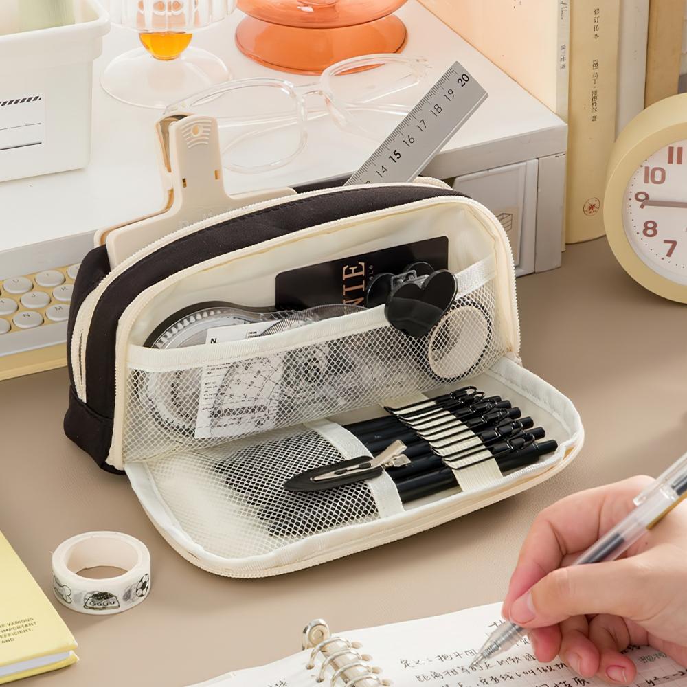 Hemp Rope Pencil Case Pen Bag 3 Compartments Front Pocket Oxford Fabric Storage Pouch for Stationery School