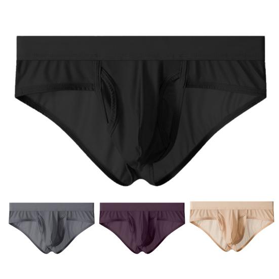 Men Briefs Mid-rise Side Opening Design Tight Cut Panties Solid Color Ice Silk Thin Perspective Breathable Smooth Underwear