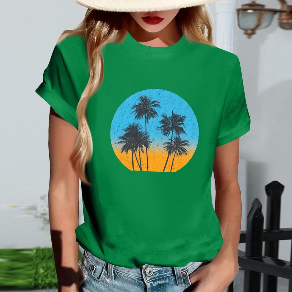 Women's Fashionable Round Neck Casual Retro Print Short Sleeved T-shirt Top