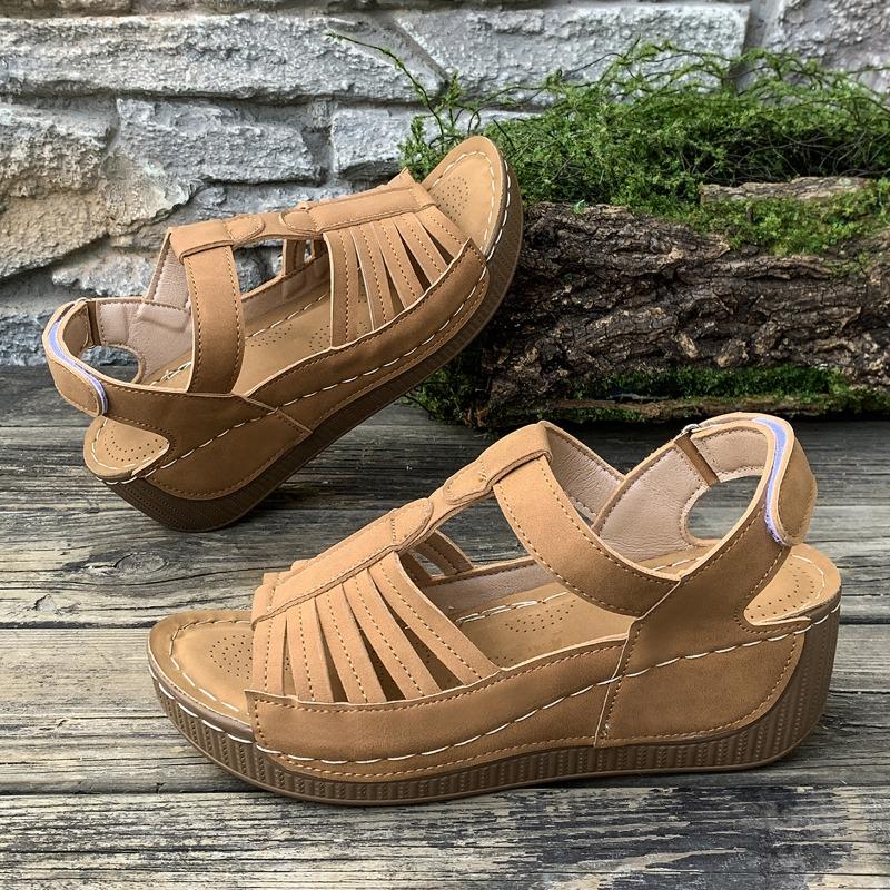 Vintage Shoes, Anti-slip, Large-sized Round Toe, Wedge Heel Sandals for Women