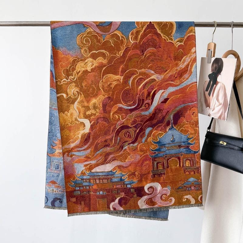 Dunhuang Oil Painting Autumn and Winter Thickened Scarf Travel Outside Shawl Windproof and Cold Jacquard High-end Scarf Shawl Neck Protection