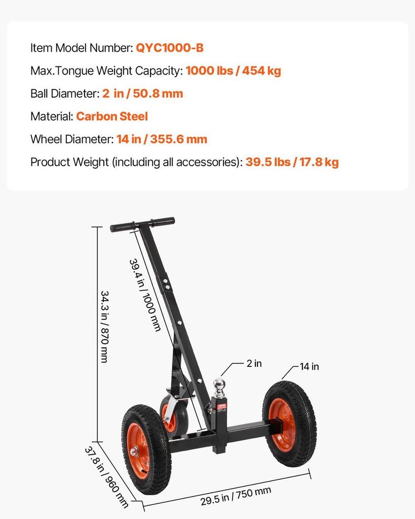 1000lbs Trailer Dolly 16.7 and 22 In Adjustable Height 2 In Ball 14 In Tires