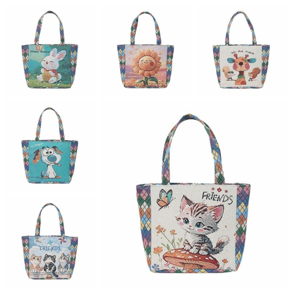 Portable Cat Ethnic Style Handbag Dog Giraffe Embroidery Tote Bag Canvas Animal Canvas Tote Bag Storage Bag