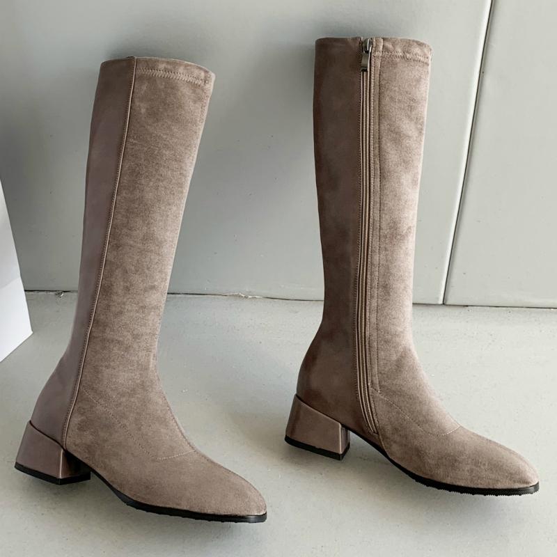 Women's Winter High Boots Quality Suede Knee High Boot Flock Casual Low Heel Autumn Winter Long Shoes Woman Black Large Size 43