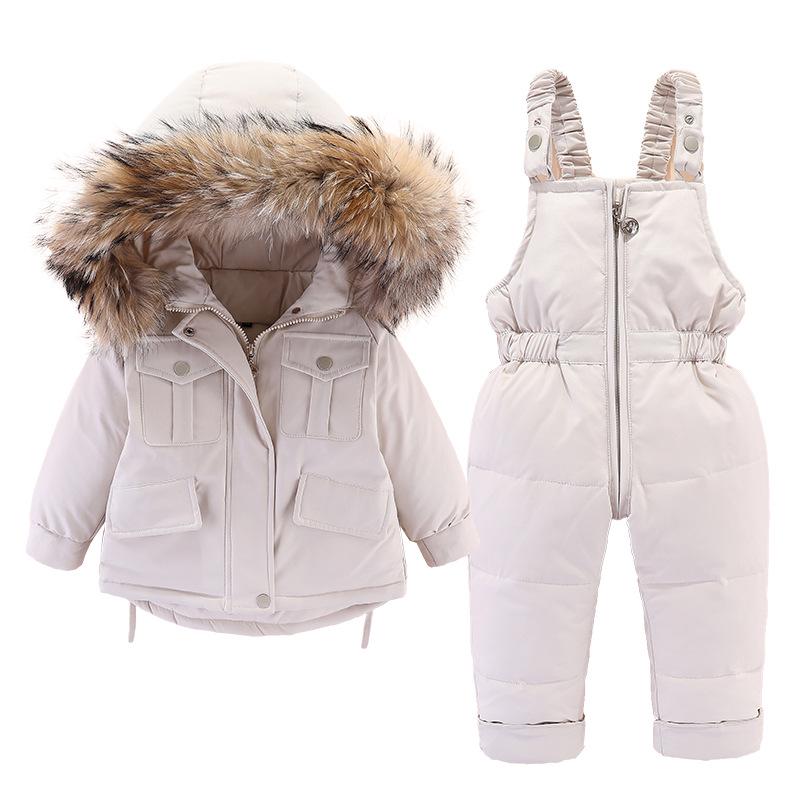 2024 Winter Kids' Down Jacket Set: Korean Style, Big Fur Collar, Two-Piece for Boys and Girls