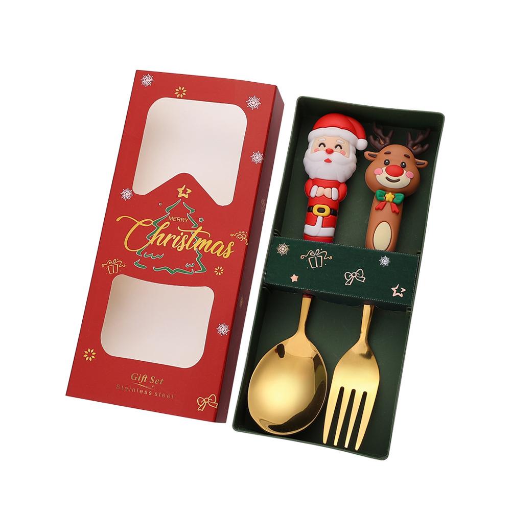 2/4Pcs Christmas Dinnerware Stainless Steel With Luxury Gift Box Tableware Dessert Fork Coffee Spoon Santa Cutlery For Christmas
