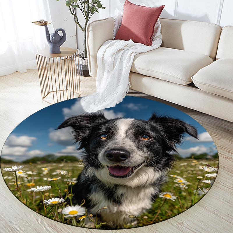 Happy Border Collie Round Area Rug,Carpet Rug for Living Room Bedroom Sofa Playroom Decor,Non-slip Floor Mat