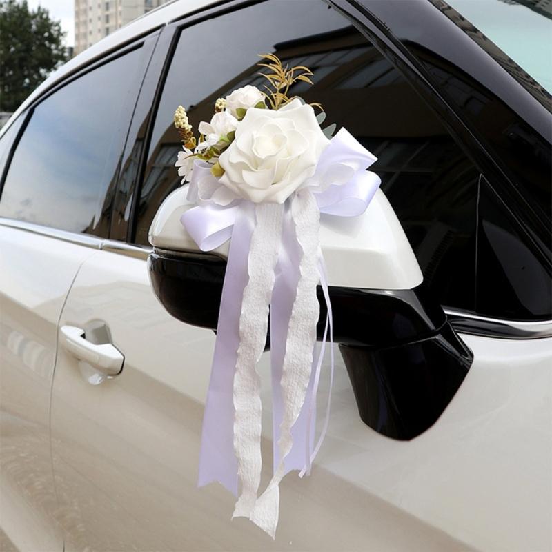 Set of 4 Luxurious Wedding Vehicle Embellishment Silk Flower Bouquets for Wedding Car Glasses and Handle Beautifications
