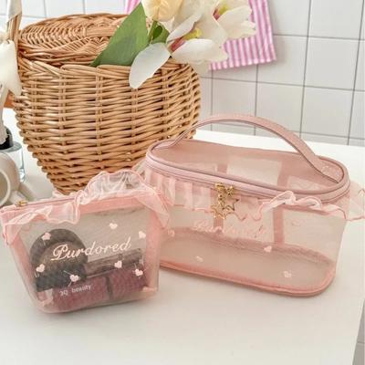 Estojo de Lápis de Malha Transparente para Estudante Ins Organizador de Cosméticos de Viagem para Mulheres Bolsa de Maquiagem Porta Batom Bolsas de Armazenamento de Pincéis de Maquiagem