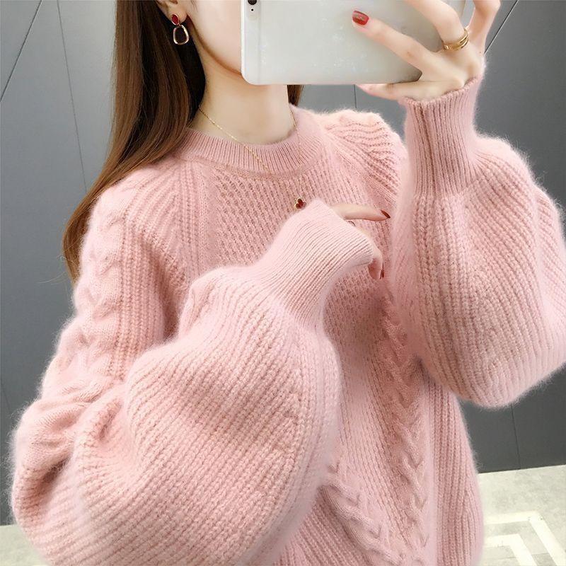 Maglione da Donna con Maniche a Lanterna Larghe Base Lavorata a Maglia Top a Fiore Intrecciato