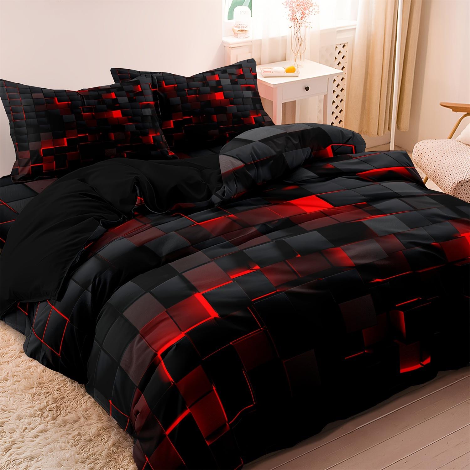

Modern Duvet Cover Set 1*Duvet Cover+2*Pillowcases Red Grid 3D Print Bedding Set Soft Comfortable Duvet Cover For Bedroom 135X200cm
