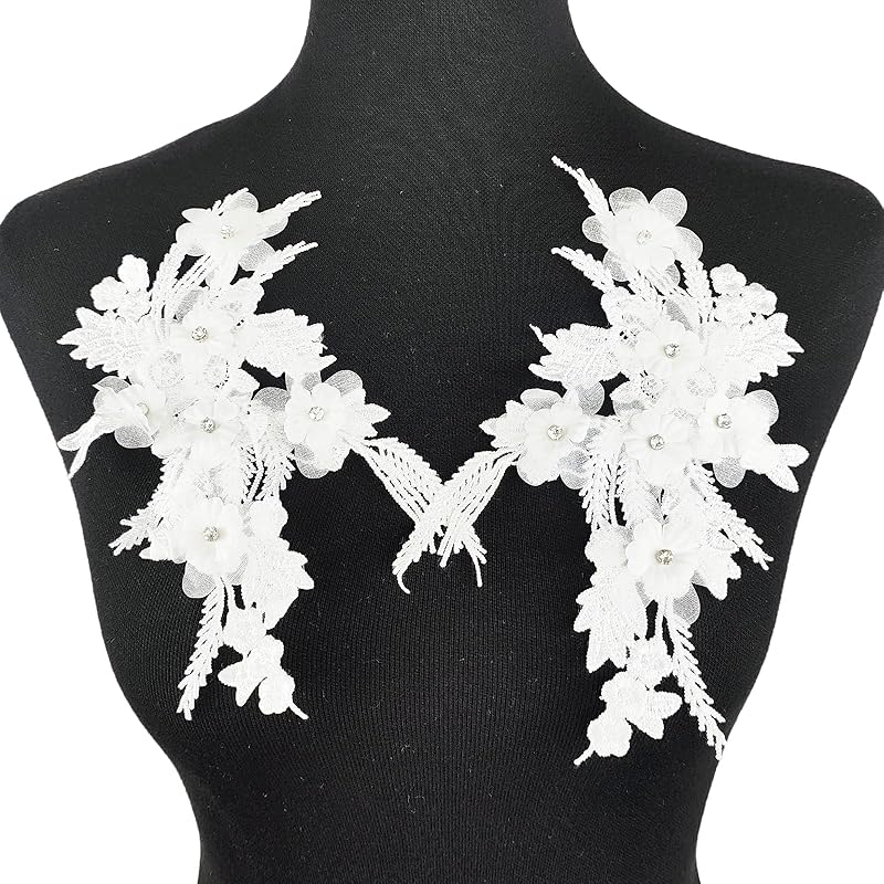 1 Pair Lace Flower Applique Beaded Rhinestones Sew On Embroidered Patches Applique Décor for Wedding Dress DIY Sewing Craft Decoration, Black 9.2 x