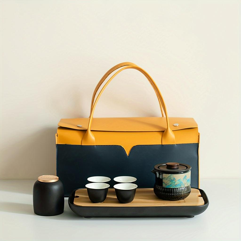 1set Ceramic Travel Tea Set Portable Teaware Set One Pot Four Cups With Tea Tray And Tea Can Wine Cup Drinkware For Restaurants Cafes Tea Houses